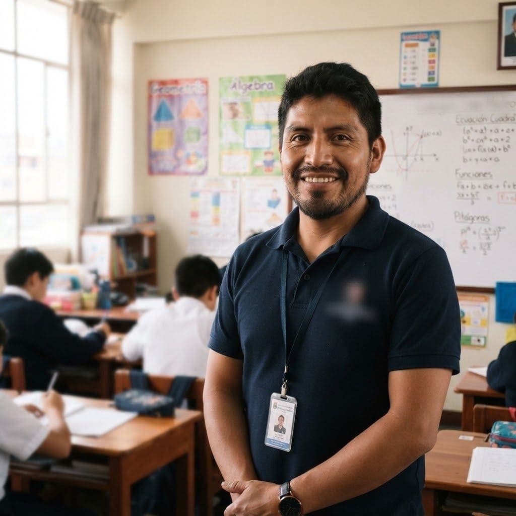 Retrato del profesor Carlos Quispe en el aula
