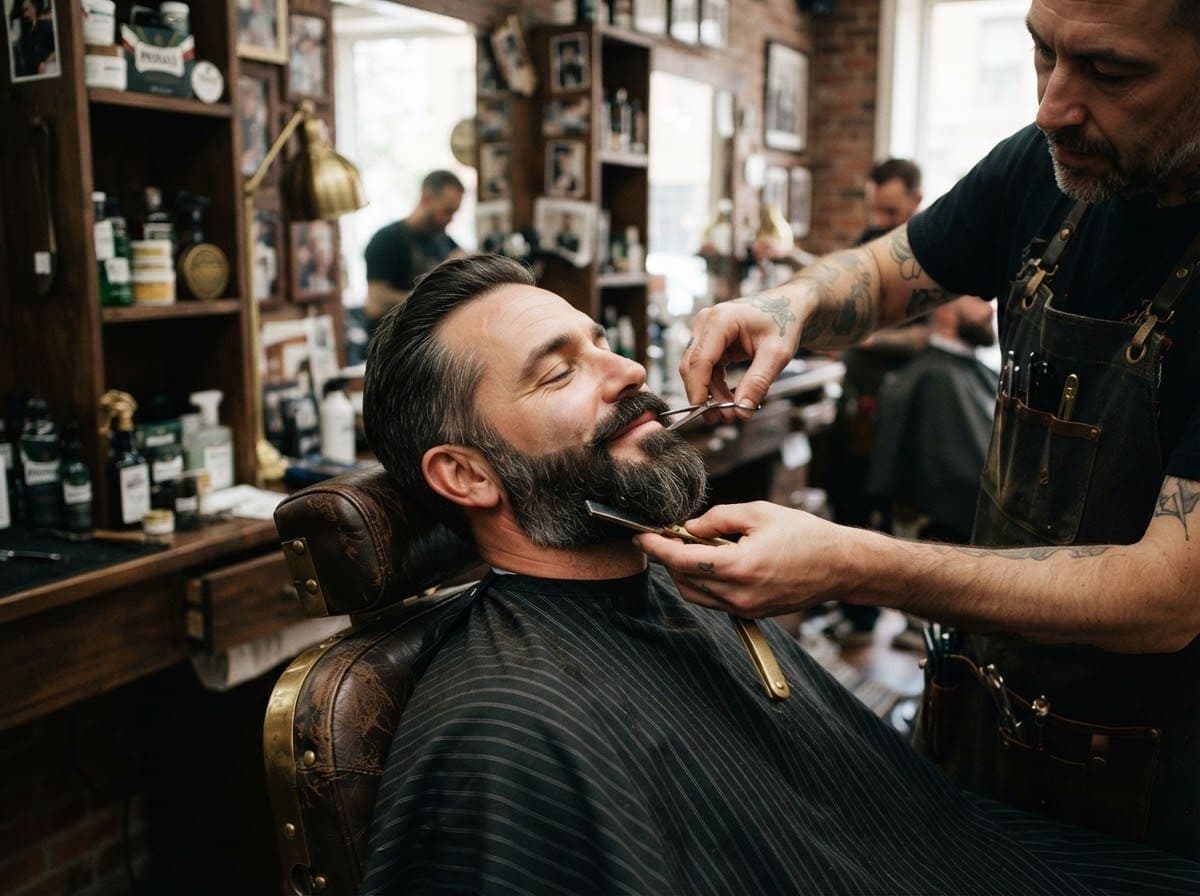Barbero perfilando una barba tupida