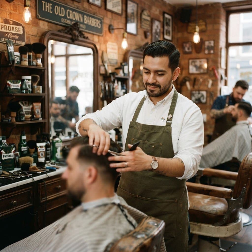 Diego cortando el cabello de un cliente con tijera