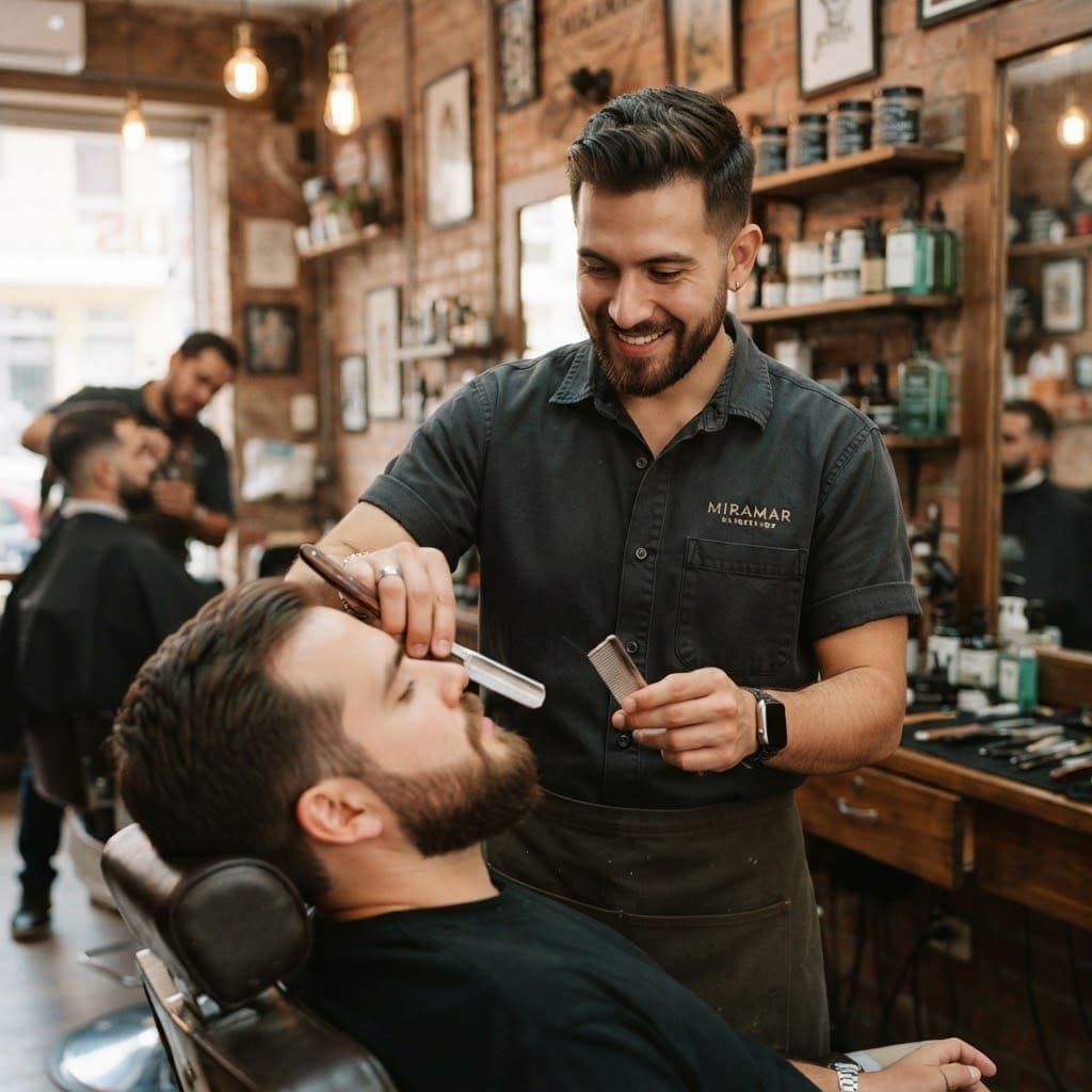 Kevin perfilando la barba de un cliente con navaja