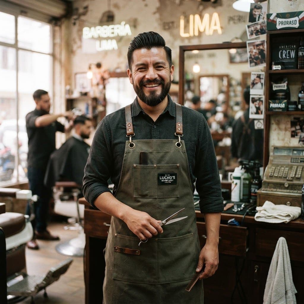 Retrato de Lucho, barbero principal, con mandil y tijeras