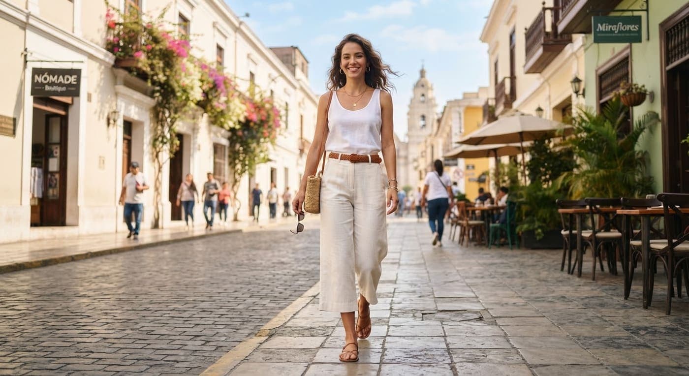 Pantalón culotte color marfil en una calle empedrada