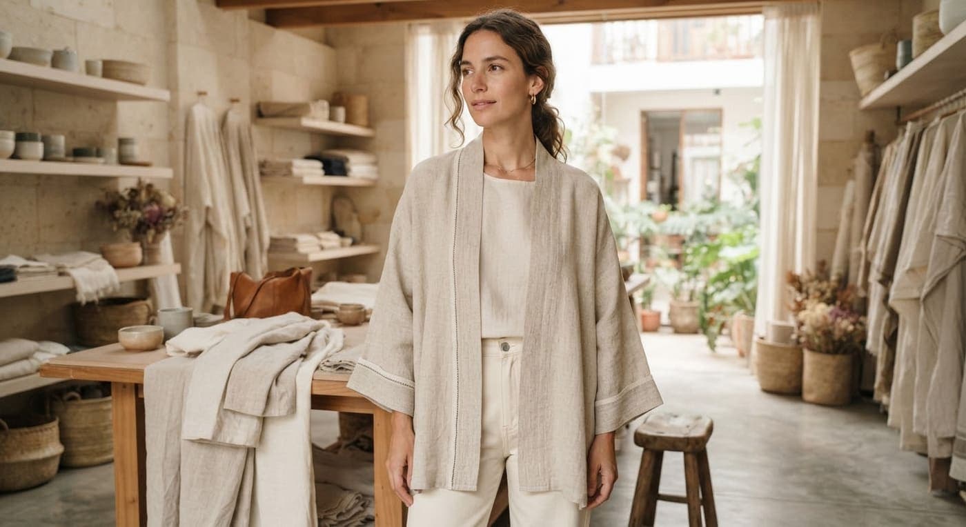 Kimono de lino crudo sobre ropa clara