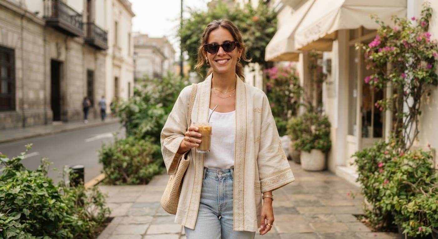 Mujer con kimono de lino y café en la mano