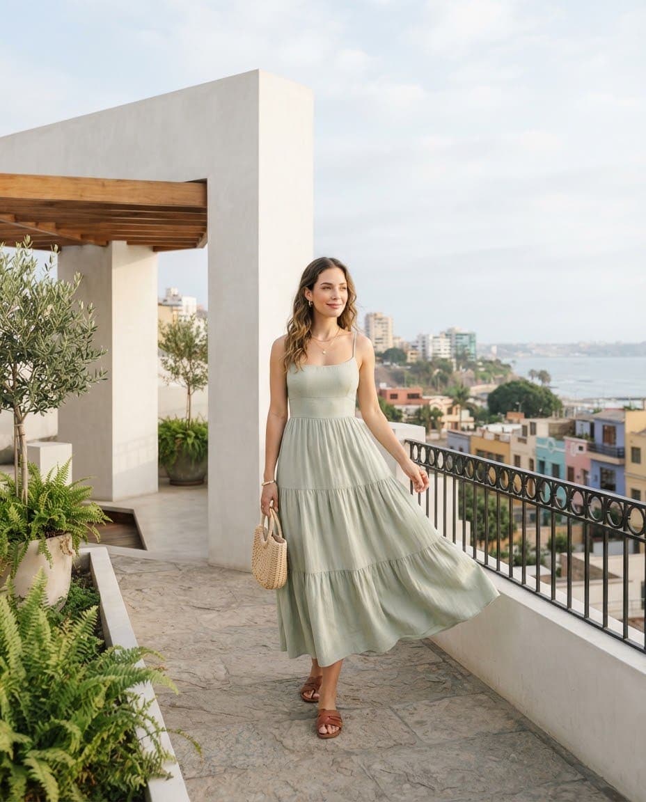 Vestido midi verde salvia en una terraza