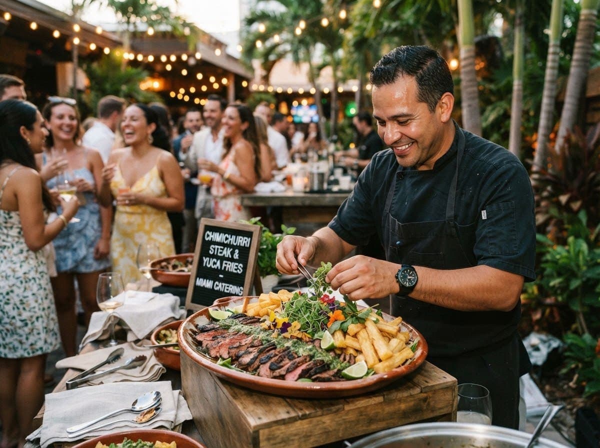 Chef sirviendo carne a la parrilla con chimichurri y yuca frita