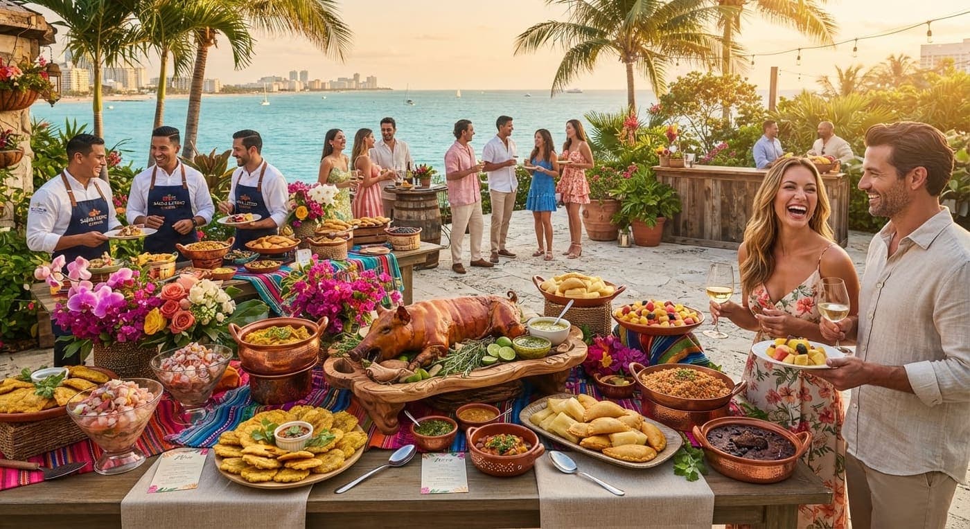 Buffet latino con lechón y flores tropicales en la playa al atardecer