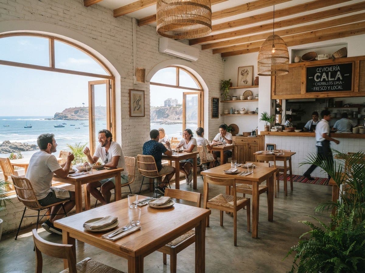 Salón del restaurante con ventanales hacia el mar
