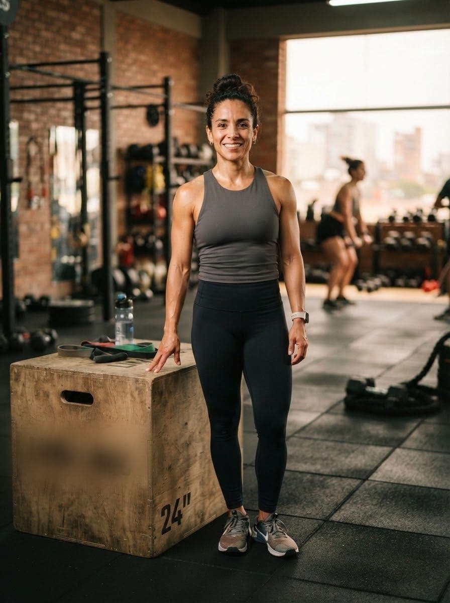 Valeria, coach de HIIT, junto a un cajón de salto