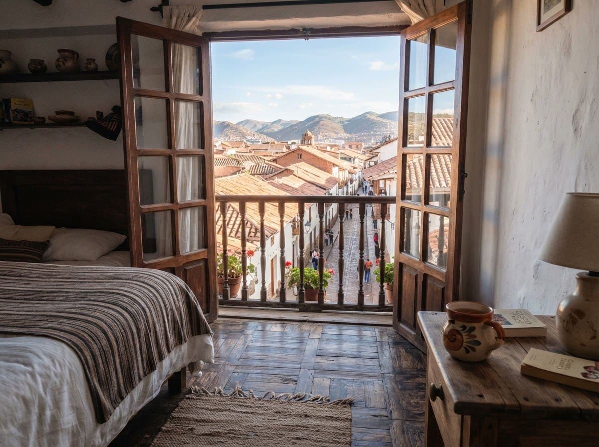 Habitación con balcón de madera abierto hacia los techos de Cusco