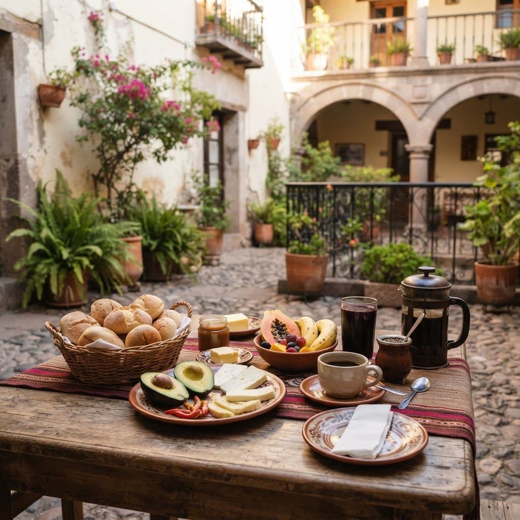 Desayuno servido en el patio con pan, frutas, palta y café