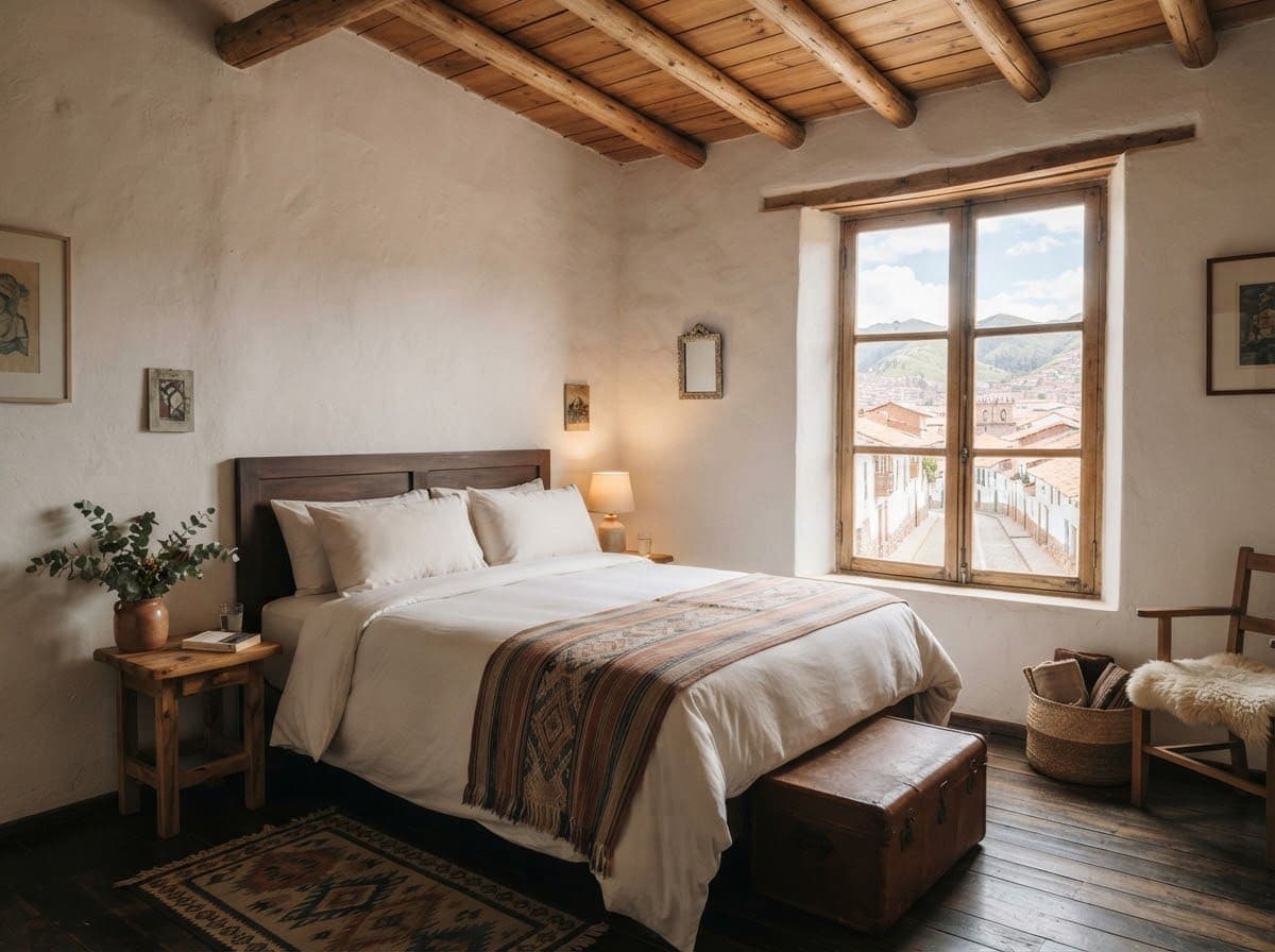 Habitación doble con cama de dos plazas, vigas de madera y ventana con luz natural