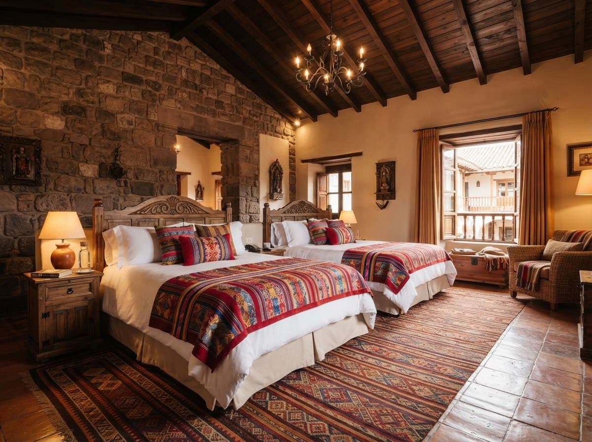 Habitación familiar con dos camas, muro de piedra y candelabro