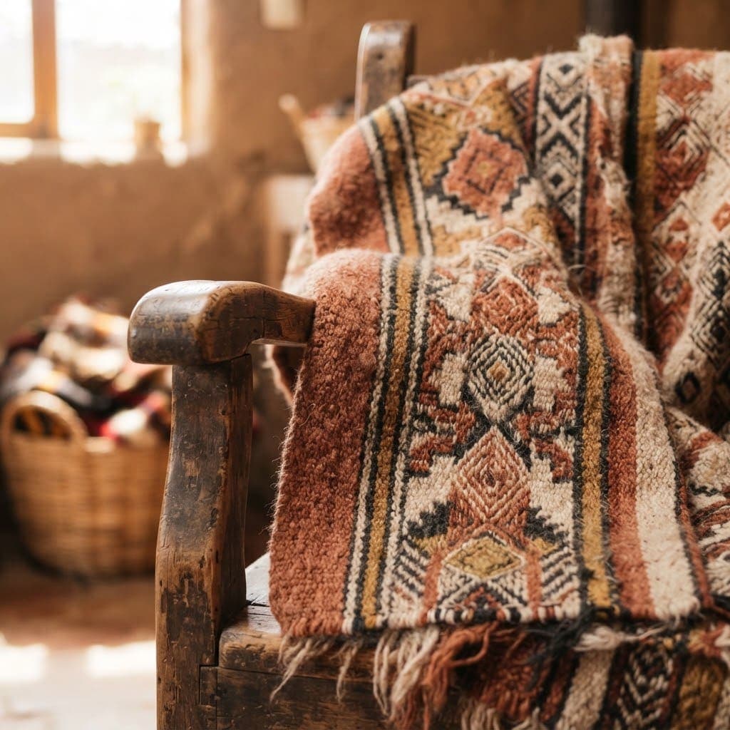 Manta de alpaca tejida en telar sobre una silla de madera