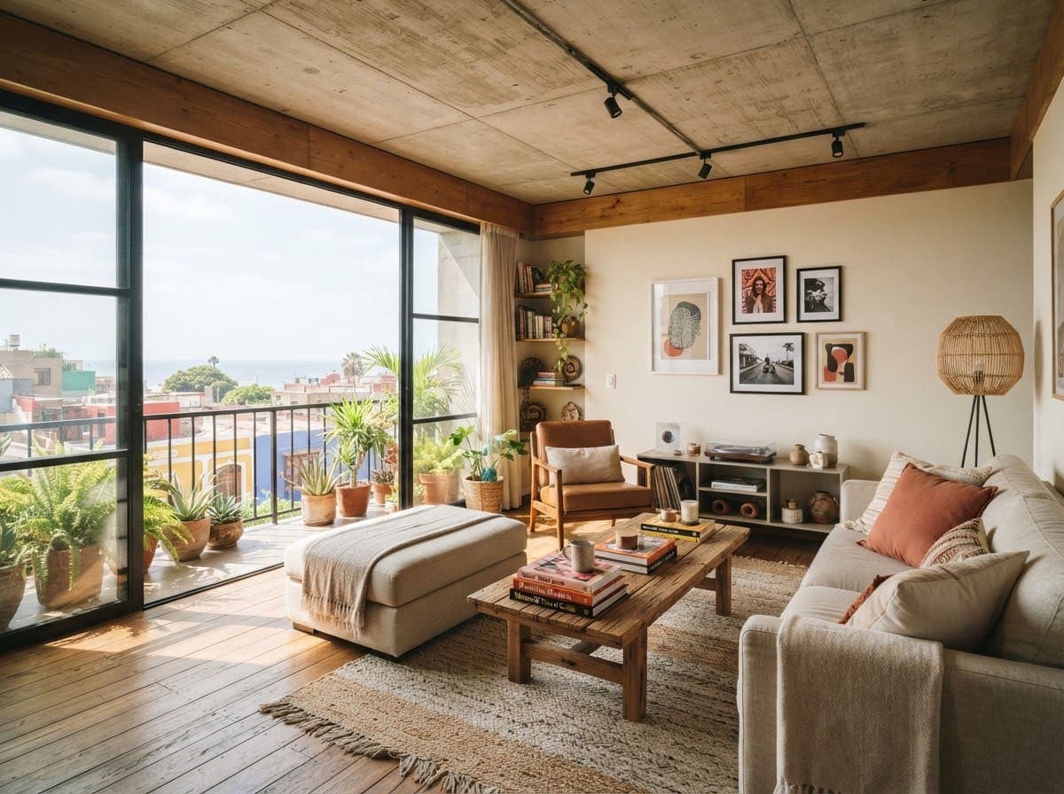 Sala acogedora con balcón y cuadros en la pared