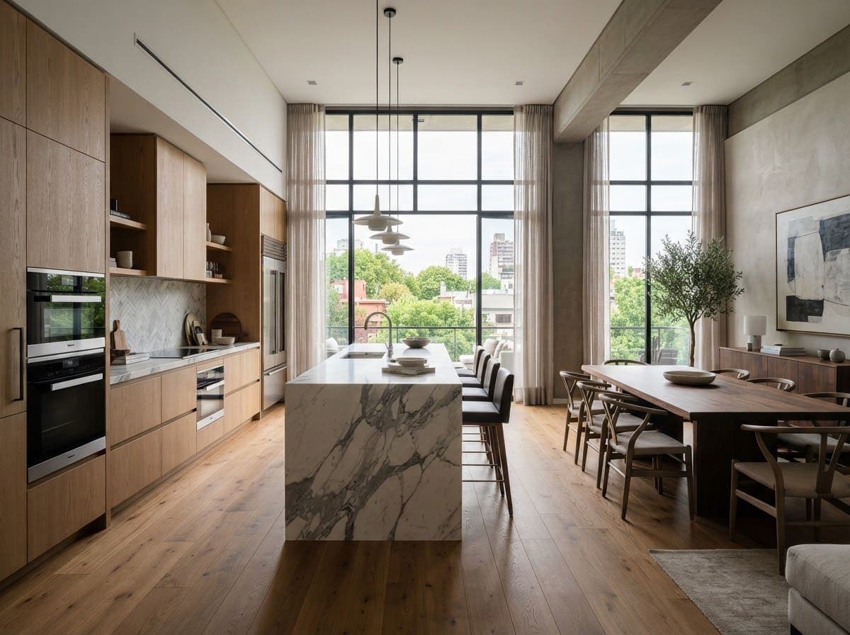 Cocina abierta con isla de mármol y comedor