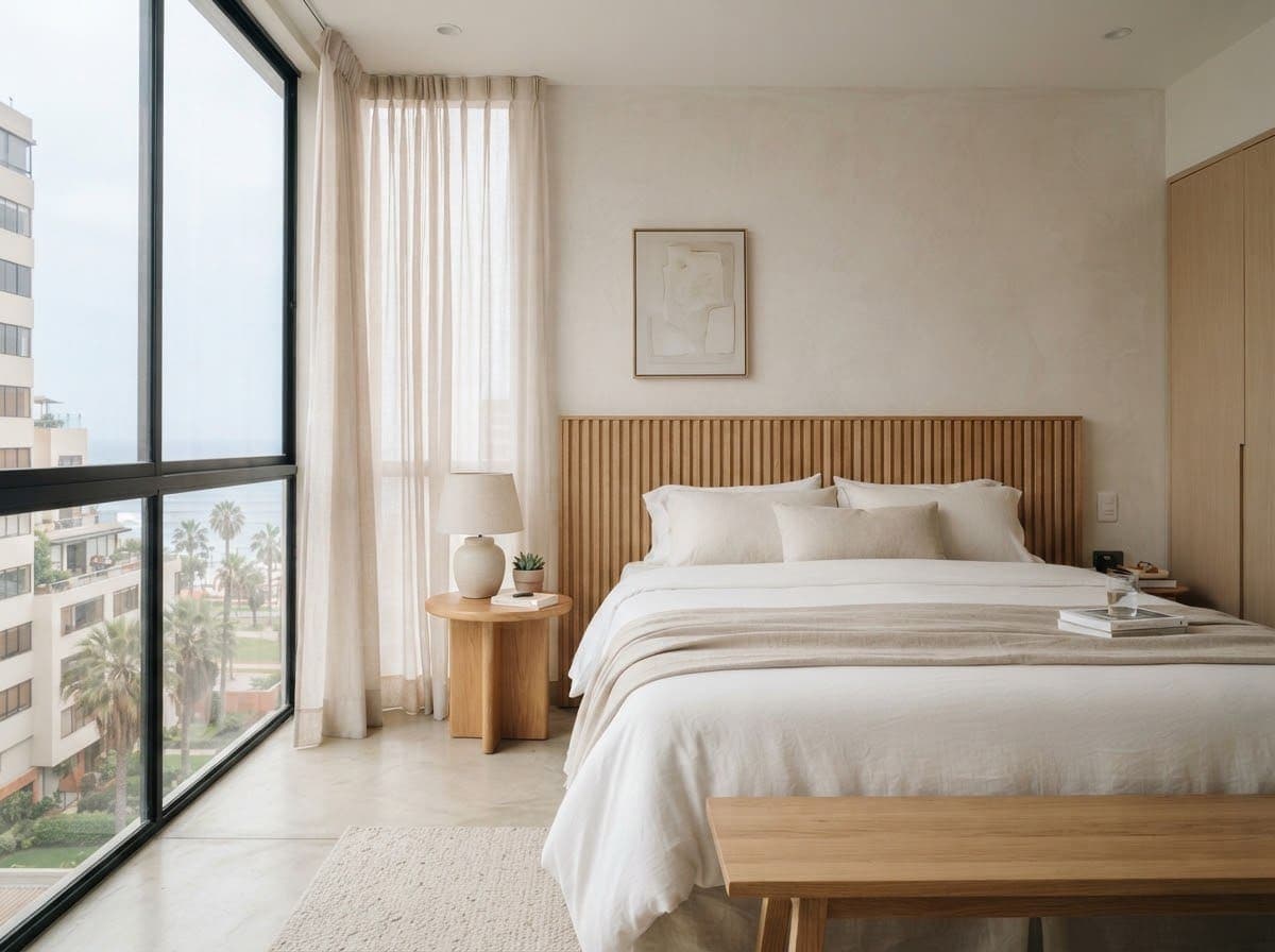 Dormitorio principal con ventanal y cortinas de lino