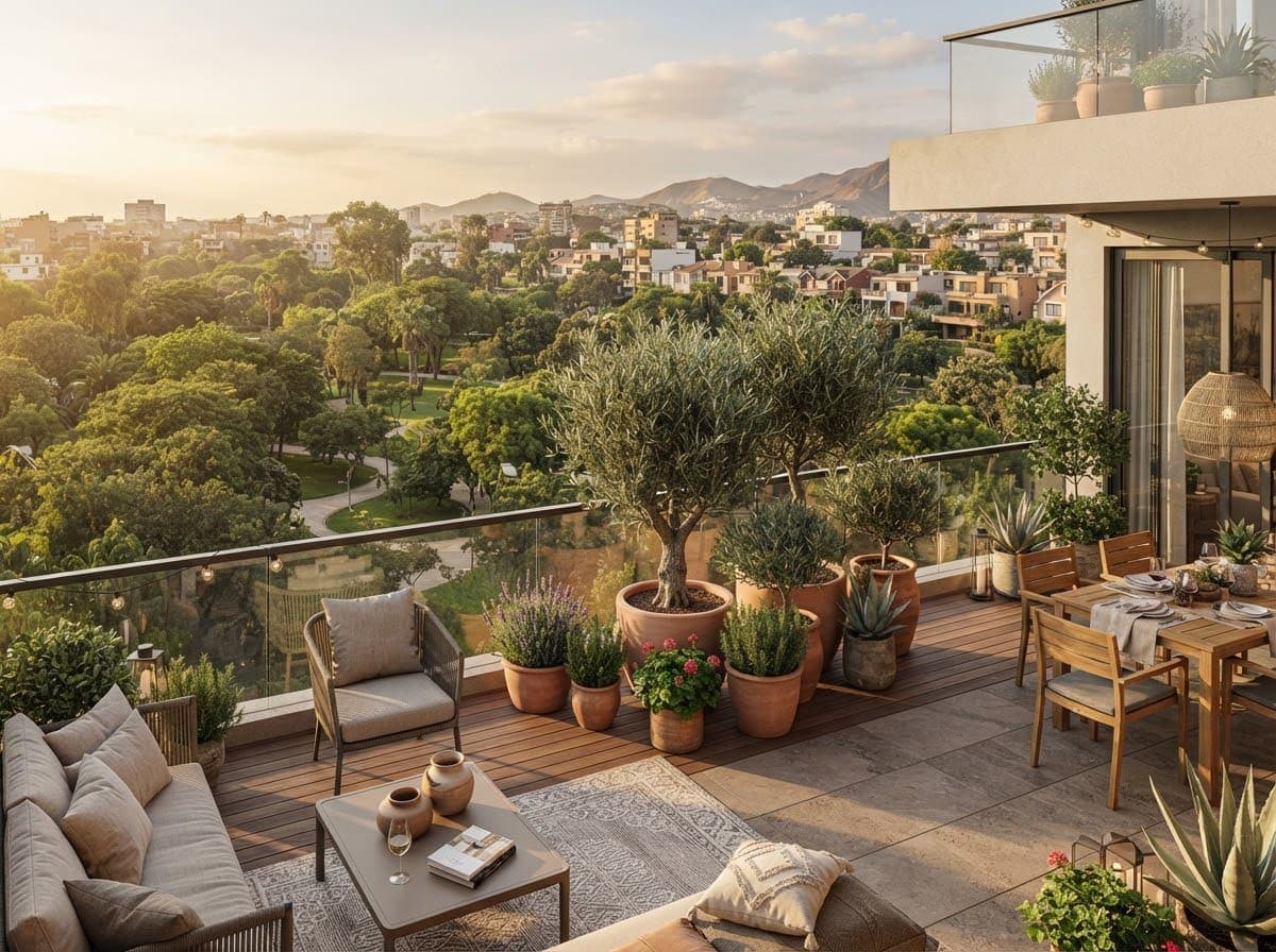 Terraza con plantas y vista a los cerros de Surco