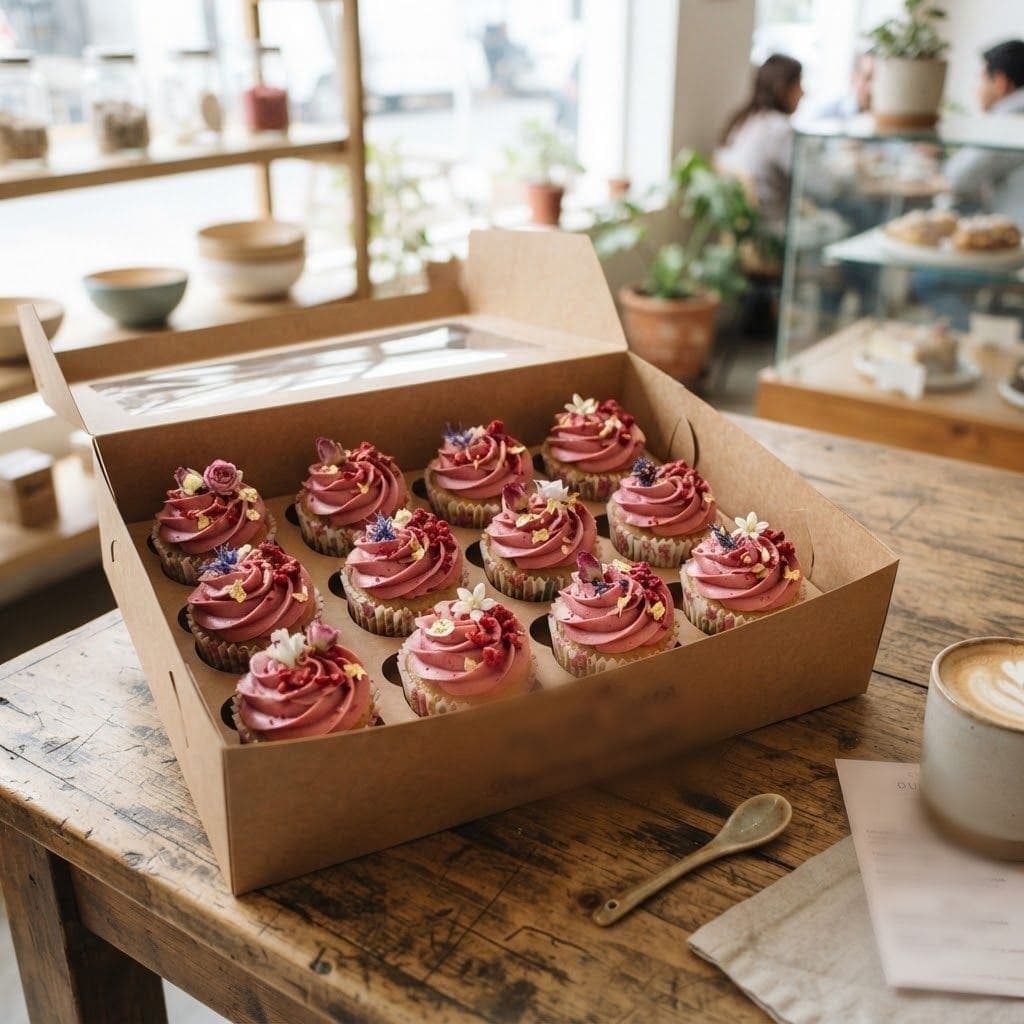 Caja con doce cupcakes de crema de frambuesa