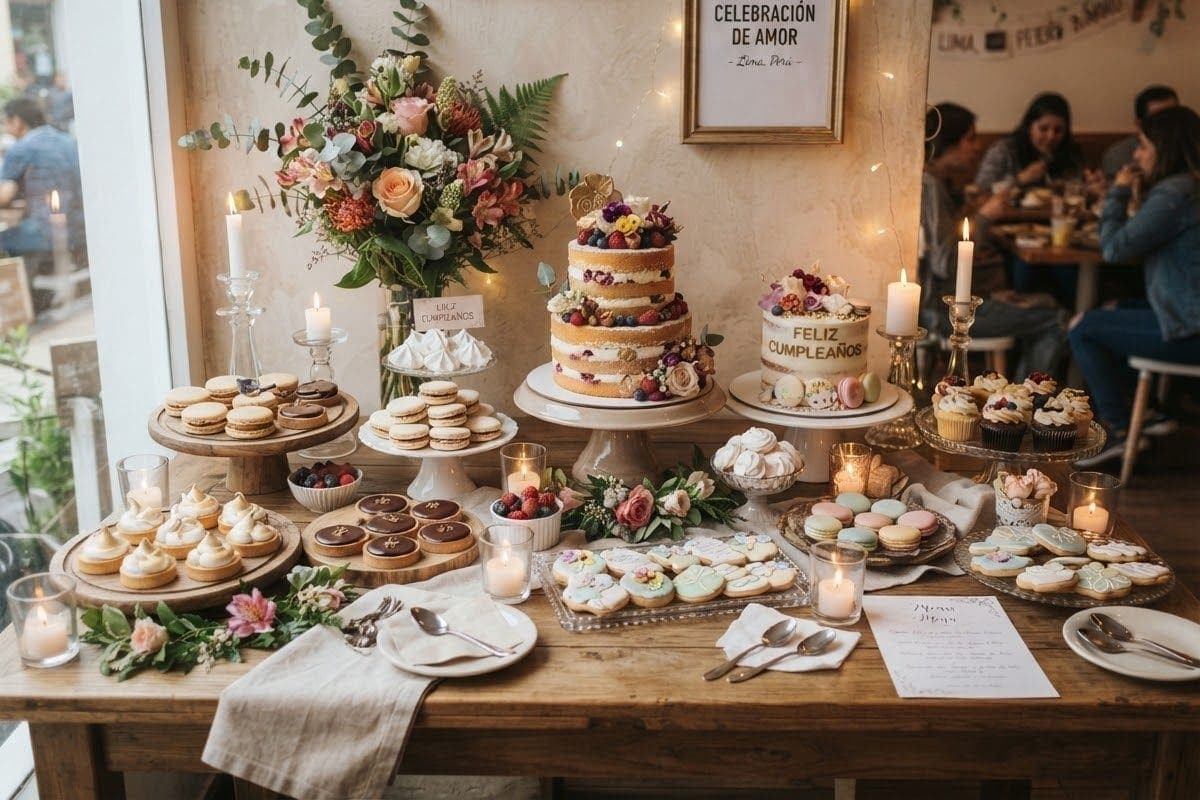 Mesa de postres con tortas, macarons y velas
