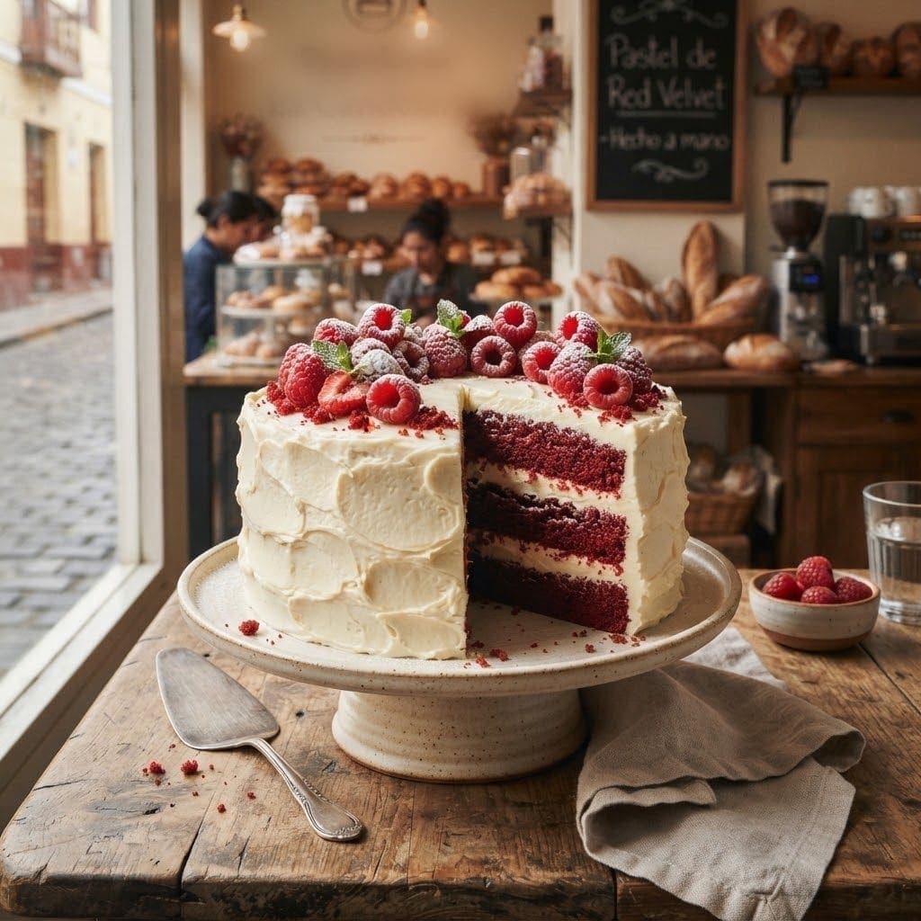 Torta red velvet cortada, con frambuesas encima