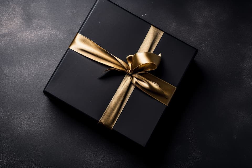 Caja de regalo negra con lazo dorado