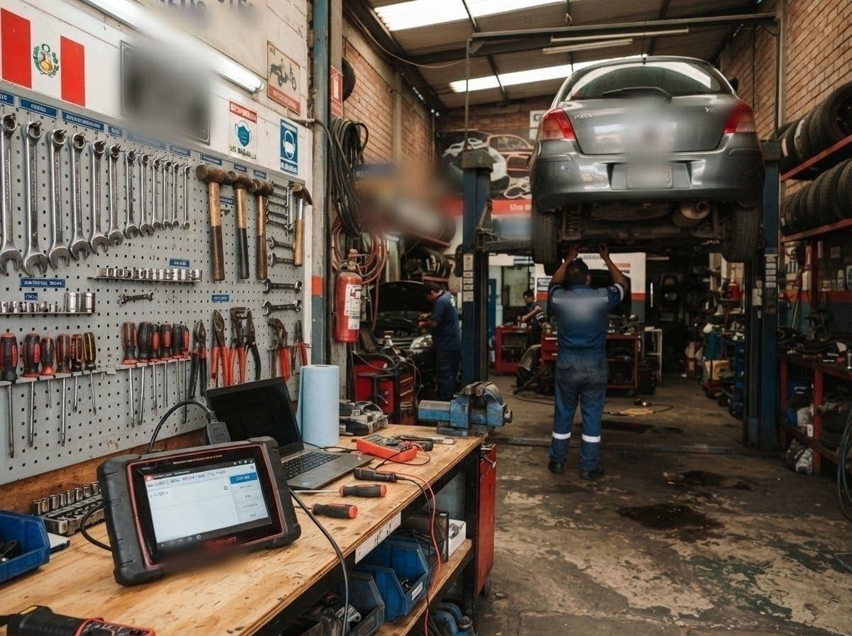 Interior del taller con un auto en el elevador, panel de herramientas y escáner de diagnóstico