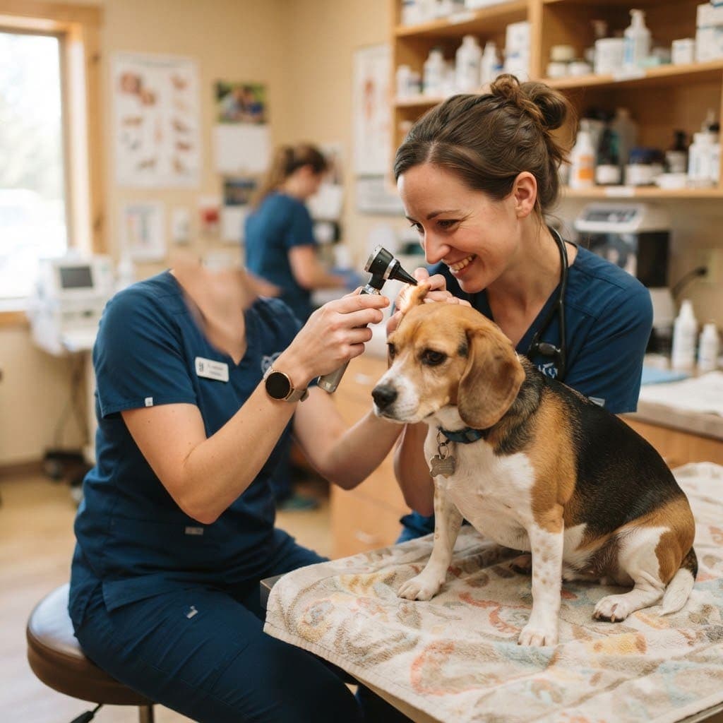 Veterinaria revisando los oídos de un beagle