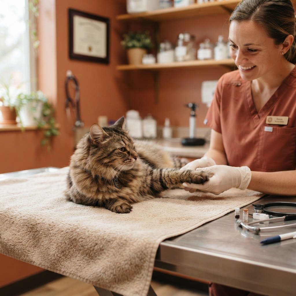 Gato tranquilo en la camilla con la veterinaria